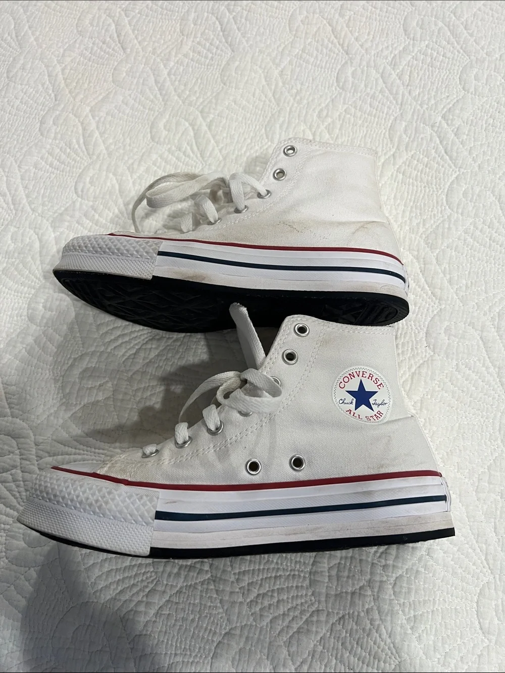 Converse Kids White High Top Sneakers with Red & Blue Trim
